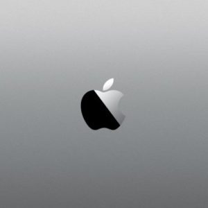 A black and white apple logo on a silver background.